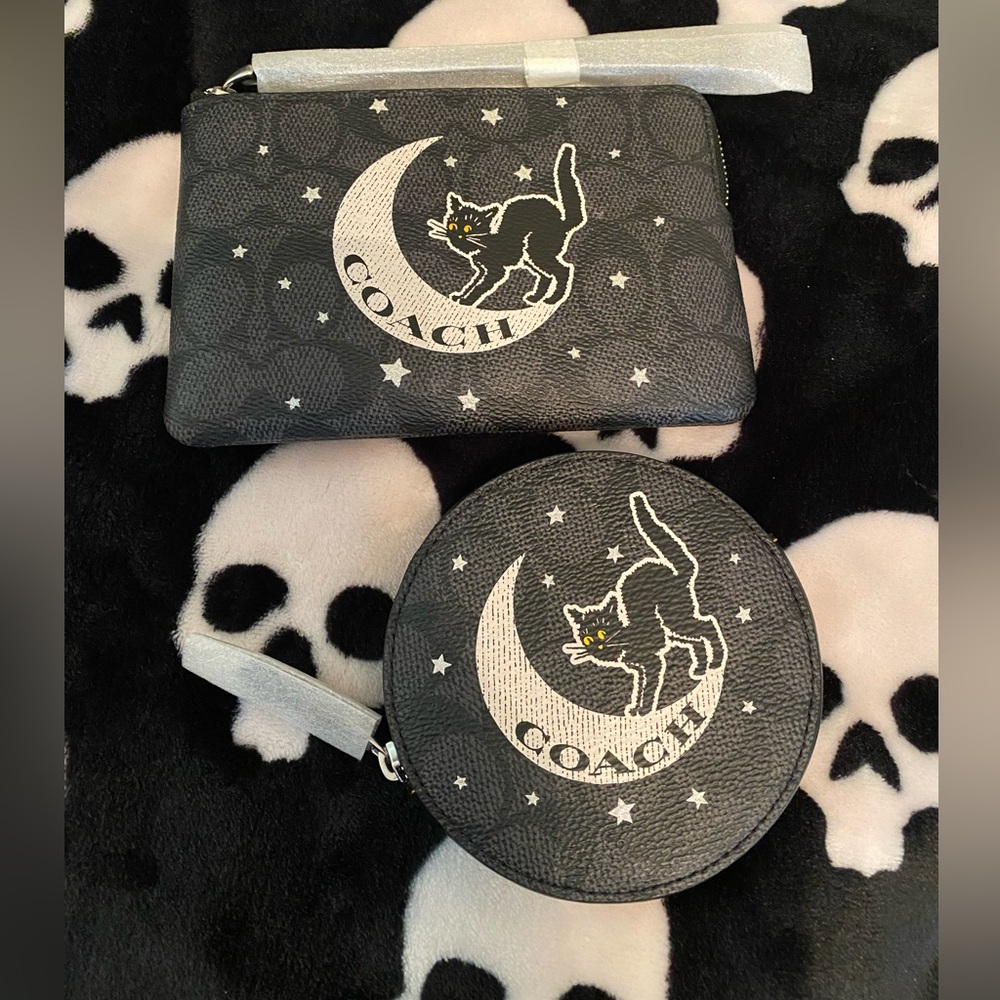 COACH NWT Black Cat Moon Wristlet Canvas Halloween 2025 & Coin Purse NWT